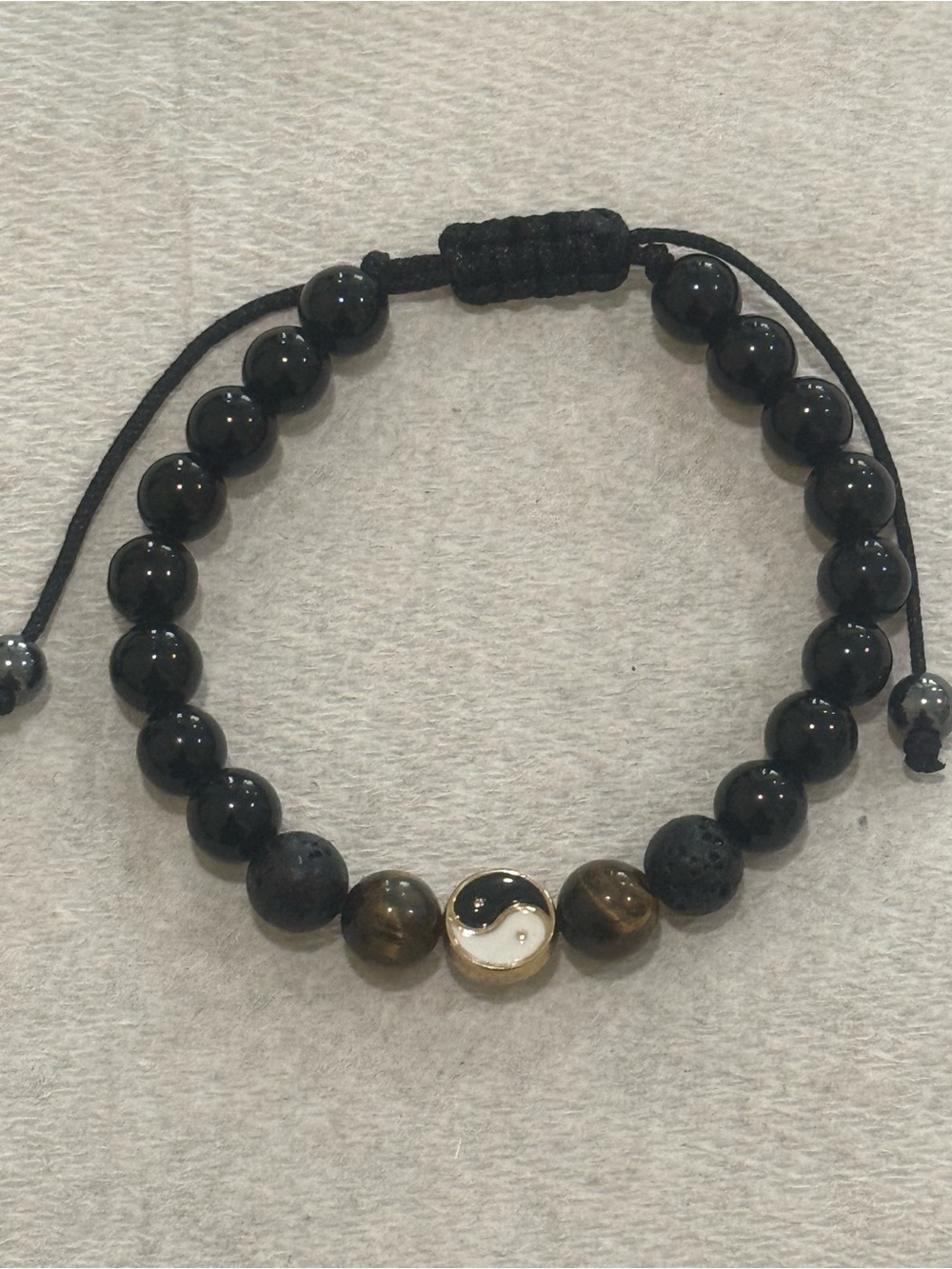 Black Beaded Yin Yang Bracelet with Gold Accent